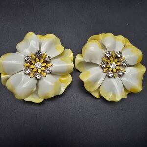 Yellow Flower Statement Clip On Earrings Vintage Spring Costume Jewelry